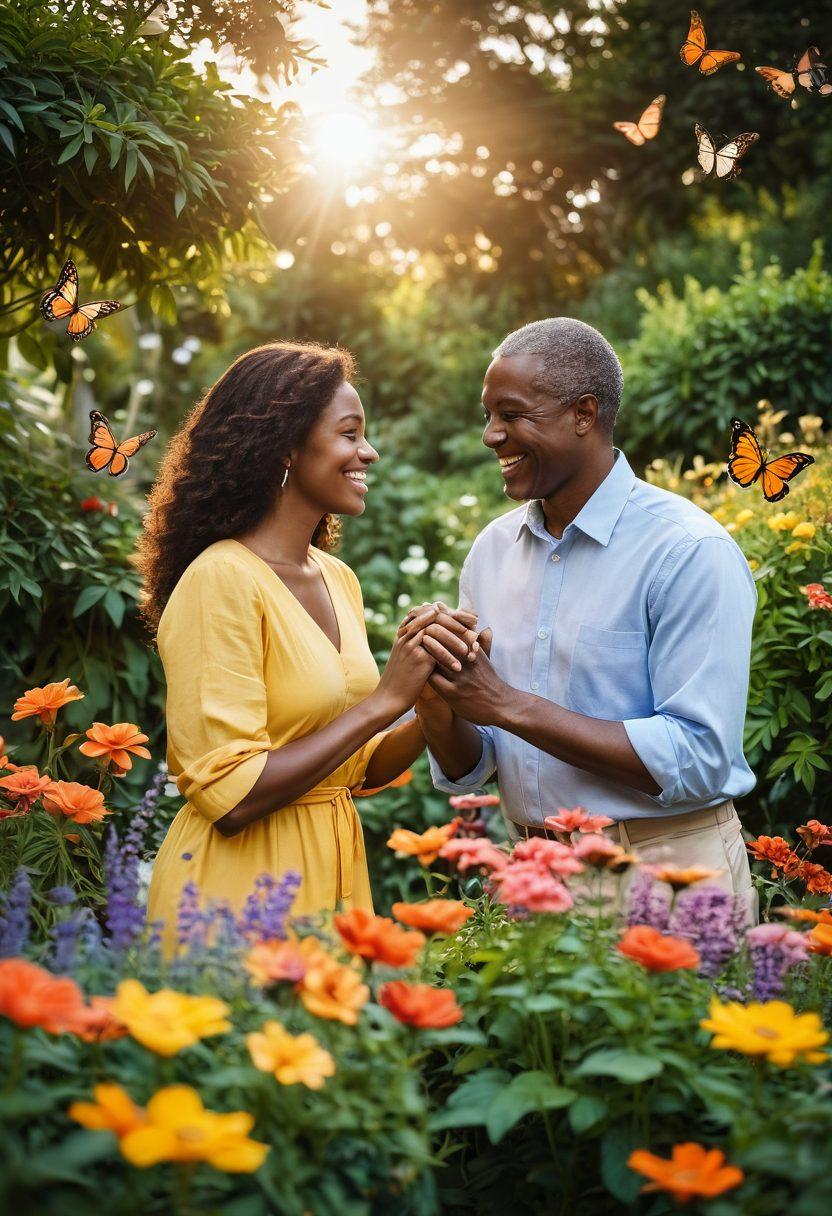 A warm, inviting scene of two diverse individuals in a lush garden, tending to colorful flowers together, symbolizing partnership and care. The background features a serene sunset, casting golden hues, while butterflies flutter around, representing joy and happiness. Include subtle details like intertwined hands and smiles shared. soft-focus. vibrant colors. peaceful atmosphere.
