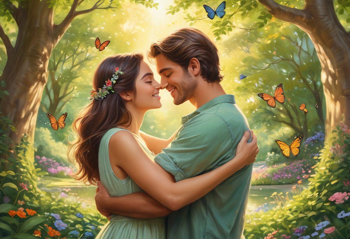 A warm and inviting scene depicting two people sharing a heartfelt hug in a lush, green park filled with blooming flowers and butterflies. Include soft sunlight filtering through the trees, casting a golden glow on their smiling faces, symbolizing love and connection. Add subtle heart shapes made of leaves in the background to emphasize affection. pastel colors. super-realistic. vibrant nature.
