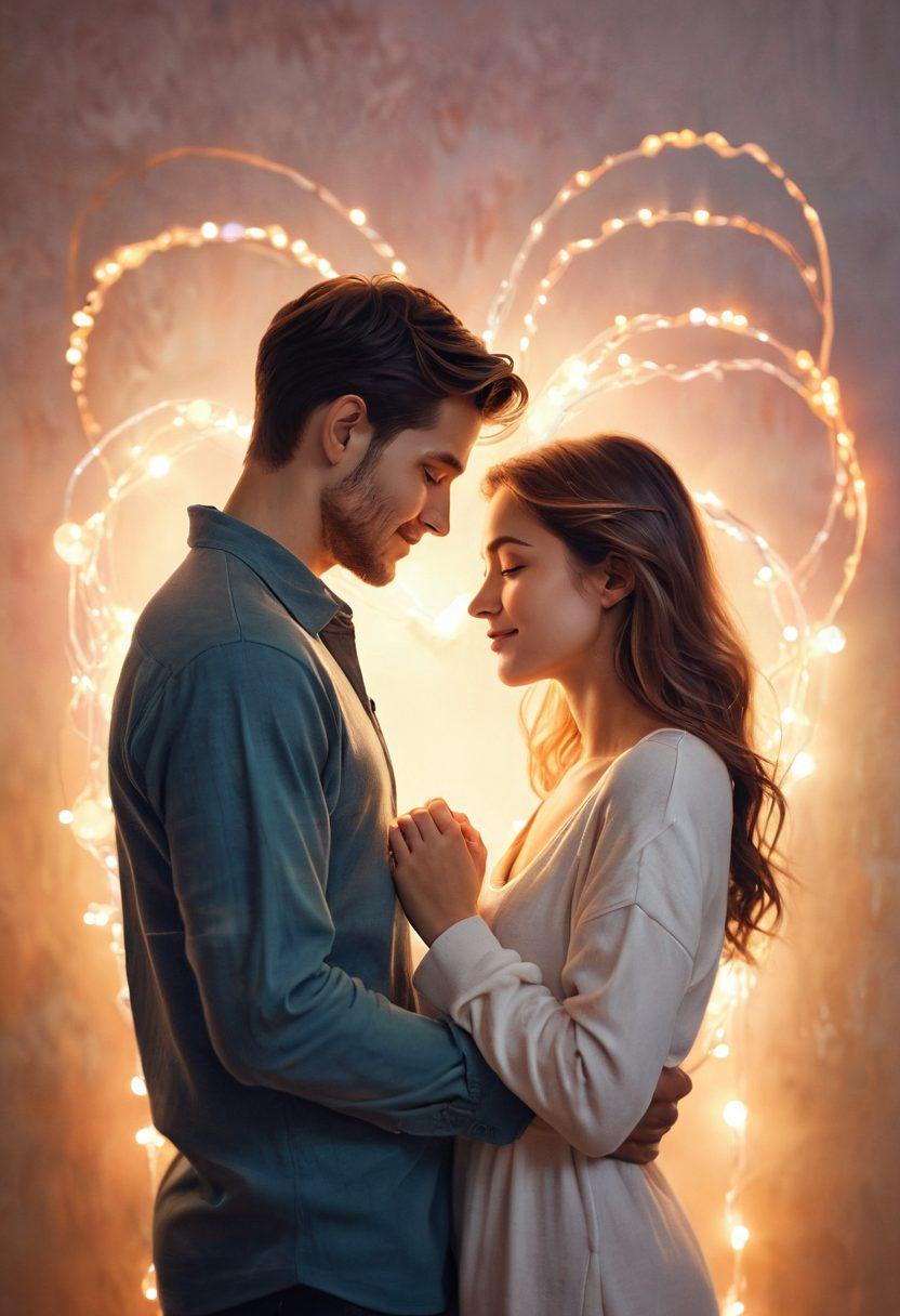 A cozy scene depicting a couple sharing a warm, intimate moment, surrounded by soft, glowing lights and symbols of trust like intertwined hands and heart shapes. The background features a serene setting with gentle colors that evoke feelings of warmth and love. The couple's expressions are filled with adoration, emphasizing connection and emotional depth. Artistic touches like soft brush strokes enhance the overall tenderness. dreamy art style. warm colors. soft focus.